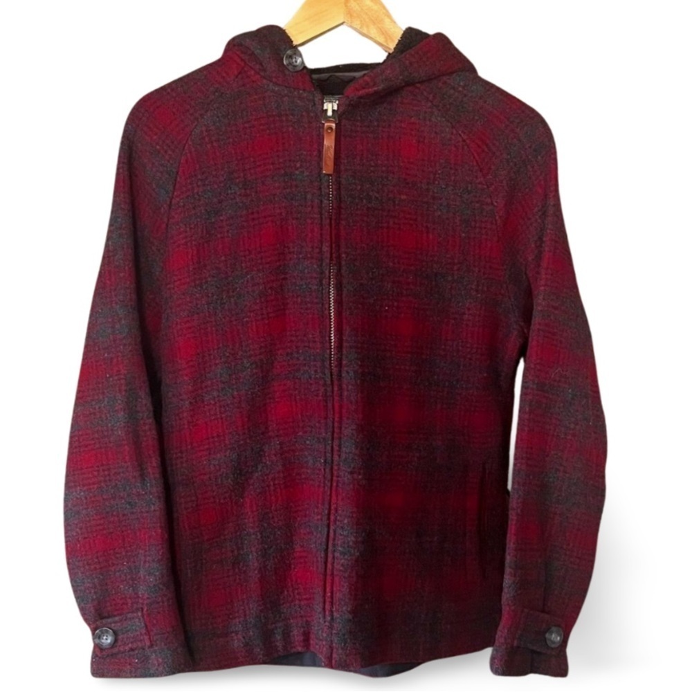 Woolrich Red Black Hunt Buffalo Plaid Hooded Jacket Wool Blend Classic Cabin